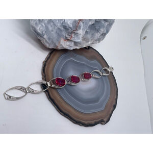 Sterling Silver Hook Closure w/ 3 Rectangle Shaped Ruby Quartz Bracelet